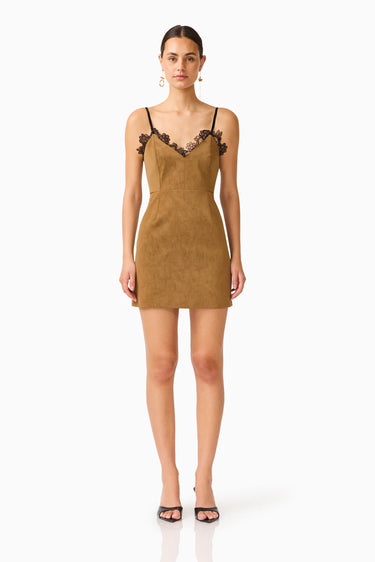 Curaae Verdure Lace Trim Mini Dress in Caramel Brown
