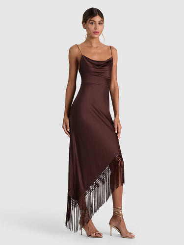 Alice + Olivia Harmony Asymmetrical Fringe Maxi Dress in Dark Chocolate
