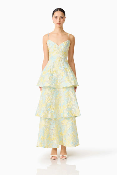 Elliatt Penelope Tiered Gown in Yellow Blue Floral