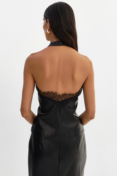 Lamarque Ginny Lace Trim Faux Leather Top in Black