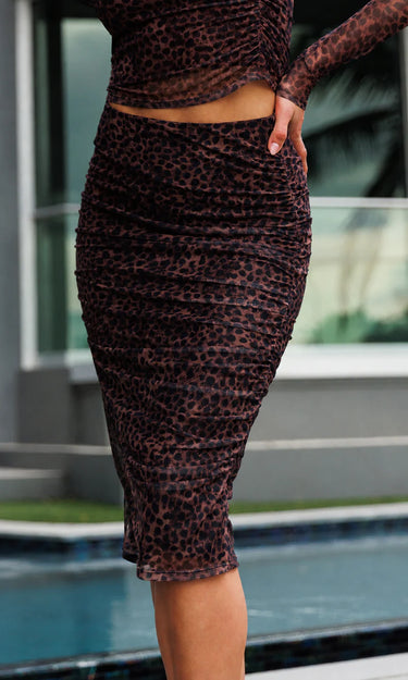 Generation Love Jessica Leopard Mesh Skirt in Muted Brown Black