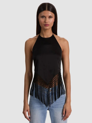 Alice + Olivia Greta Halter Handkerchief Fringe Top in Black