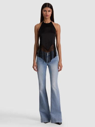 Alice + Olivia Greta Halter Handkerchief Fringe Top in Black