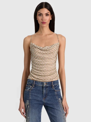 Alice + Olivia Harmon Crystal Slip Tank in Almond Clear Crystal