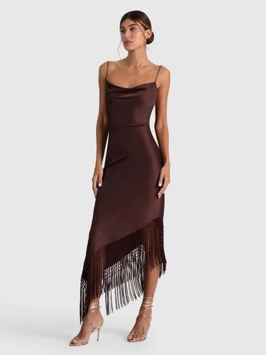 Alice + Olivia Harmony Asymmetrical Fringe Maxi Dress in Dark Chocolate