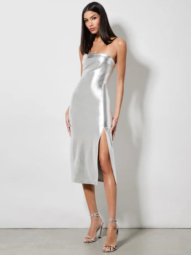 Alice + Olivia Kelly Shiny Vegan Leather Midi Dress in Silver - Estilo Boutique