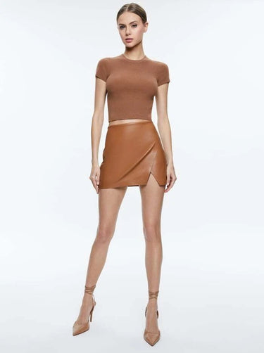 Alice + Olivia Siobhan Vegan Wrap Mini Skirt in Camel - Estilo Boutique