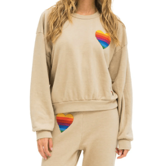 Aviator Nation Rainbow Heart Stitch Crew Sweatshirt in Sand - Estilo Boutique