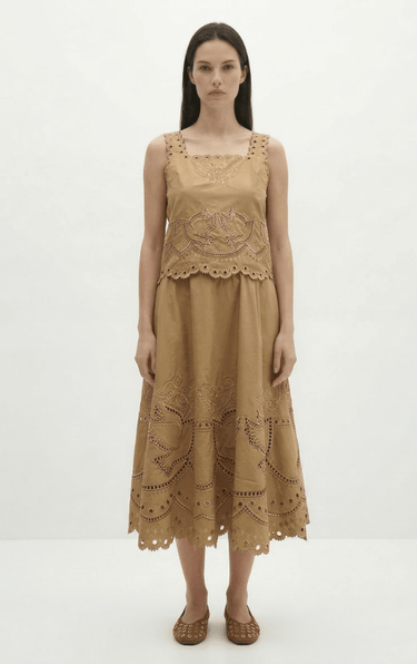 Berenice Juliana MIdi Embroidery Skirt in Camel