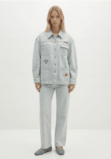 Berenice Valea Embroidered Denim Jacket in Light Blue Denim
