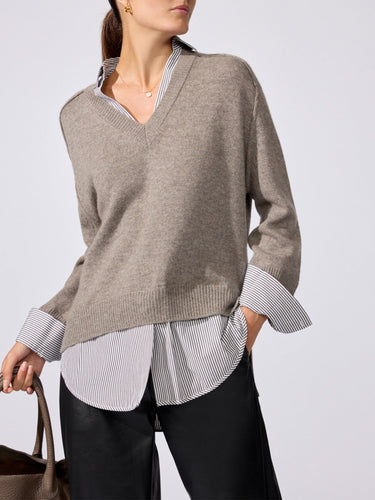 Brochu Walker The Looker Layered V-Neck in Otter Melange with Flint Stripe