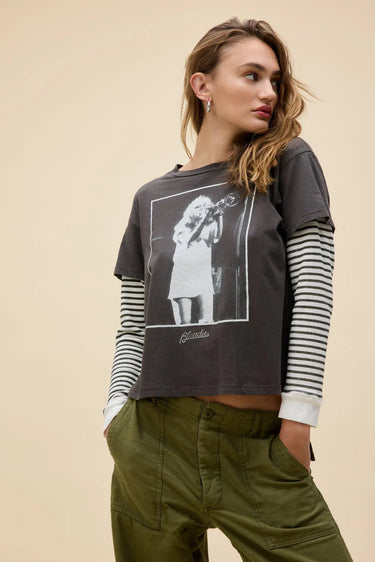 Daydreamer Blondie Debbie Trumpet Photo Solo Twofer Top in Washed Black