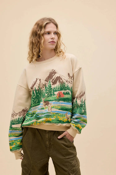 Daydreamer Campsite Scene Oversized Crew Sweatshirt in Sand