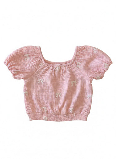 Design History Girls Bow Puff Sleeve Top in Pink Posies