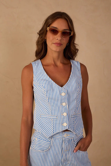 Dress To Blue Stripes Buttoned Sleeveless Twill Vest in Blue