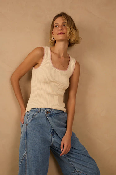 Dress To Pink Brisa Embroidered Sleeveless Top in Beige