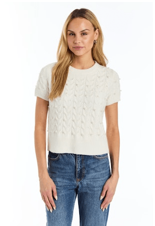 Drew Eloise Cable Short Sleeve Pearl Sweater in Ivory