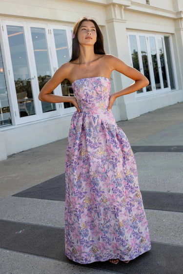 Elliatt Marlene Asymmetrical Gown in Pink Purple Floral