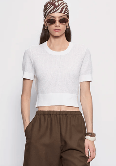 Enza Costa Linen Open Knit Cropped S/S in Off White