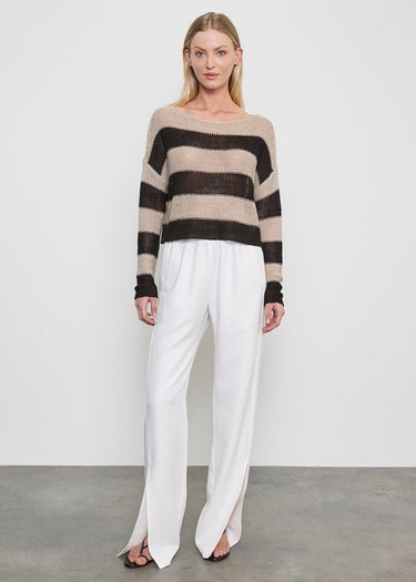 Enza Costa Stripe Linen Bateau Sweater in Black Oatmeal