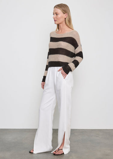 Enza Costa Stripe Linen Bateau Sweater in Black Oatmeal