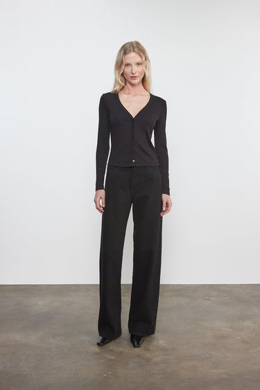Enza Costa Supima Cotton New Classic V - Neck Cardigan in Black