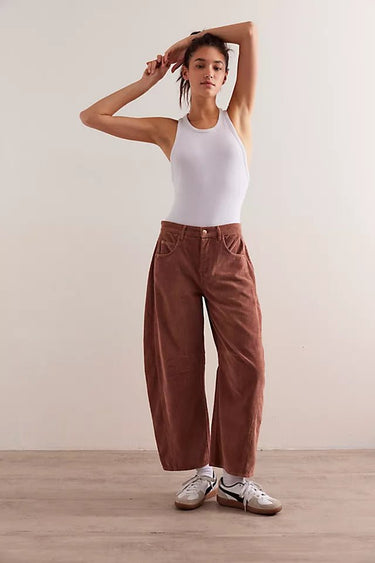 Free People Good Luck Mid - Rise Cord Barrel Jeans in Emperador - Estilo Boutique