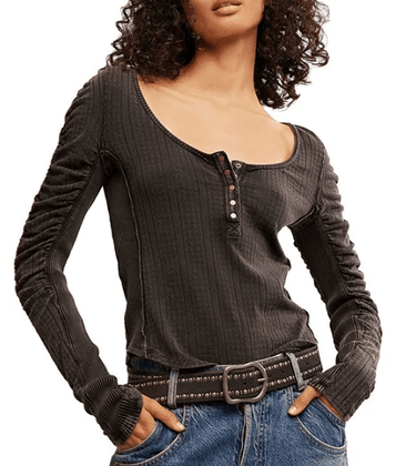 Free People Hope Henley Top in Black - Estilo Boutique