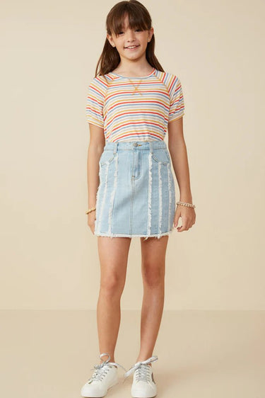 Hayden Girl Frayed Seam Detailed Denim Skirt in Light Denim