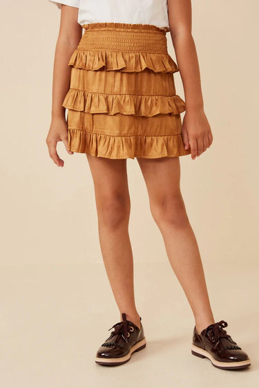 Hayden Girls Shimmery Ruffle Tiered Smocked Waist Skirt in Camel