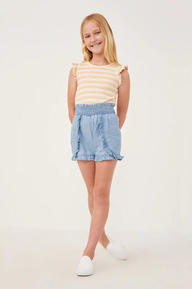 Hayden Girls Smocked Waist Ruffled Shorts in Light Denim