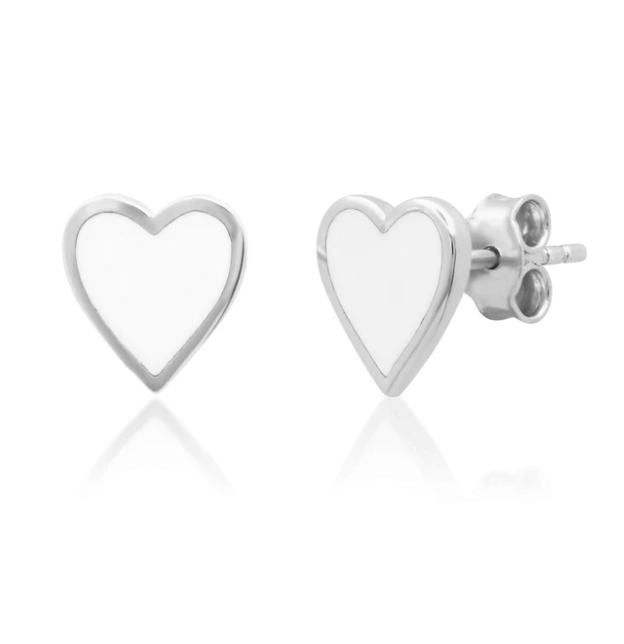 Jen Hansen White Heart Enamel Studs in Silver - Estilo Boutique