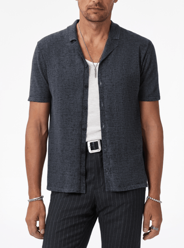 John Varvatos Nayeem Etching Printed Camp Collar Shirt in Charcoal Heather