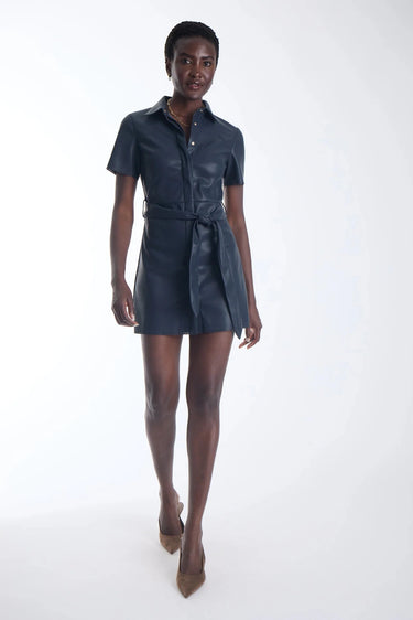 Karina Grimaldi Mallie Vegan Leather Mini Dress in Navy