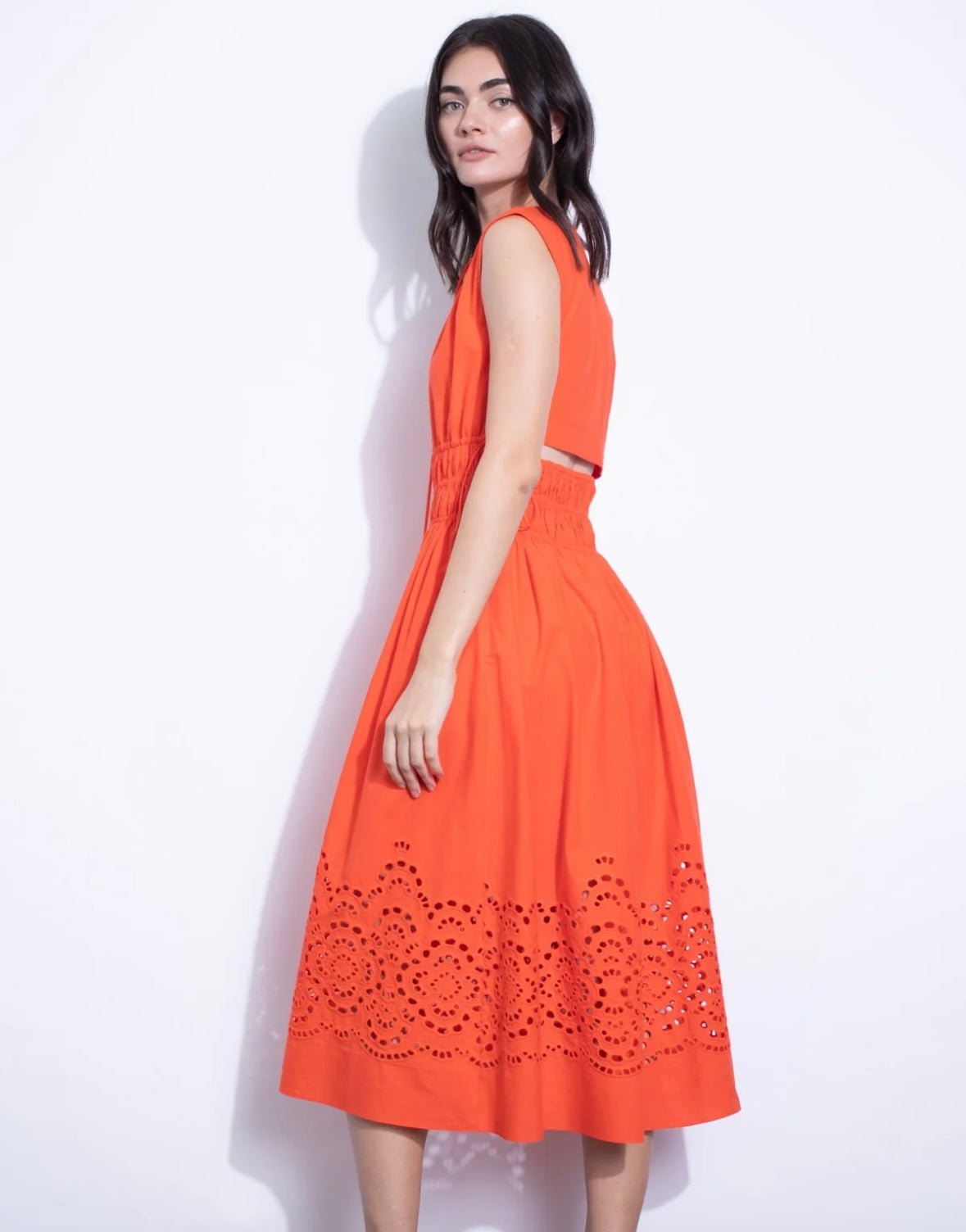 Karina Grimaldi Midi Eyelet Dress in Coral Red - Estilo Boutique