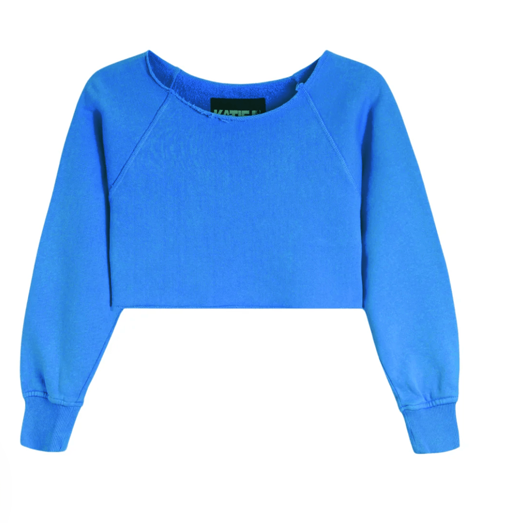 Katie J Tween Shane Off Shoulder Crop Sweatshirt in Sky Blue - Estilo Boutique