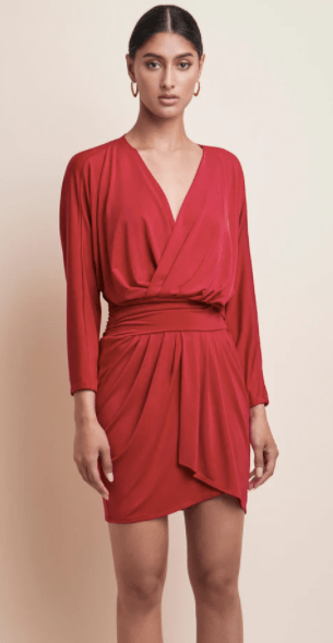 red surplice dress VALENTINA Plus Size Red Surplice Wrap Dress, Curvy Women's Knit Dress With Long Sleeves and Sash