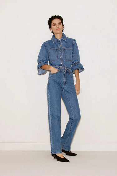 Lamarque Carolina Ruffle Sleeve Denim Jacket in Mid Blue Wash