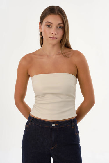 Lamarque Giada Faux Leather Strapless Top in Bone - Estilo Boutique