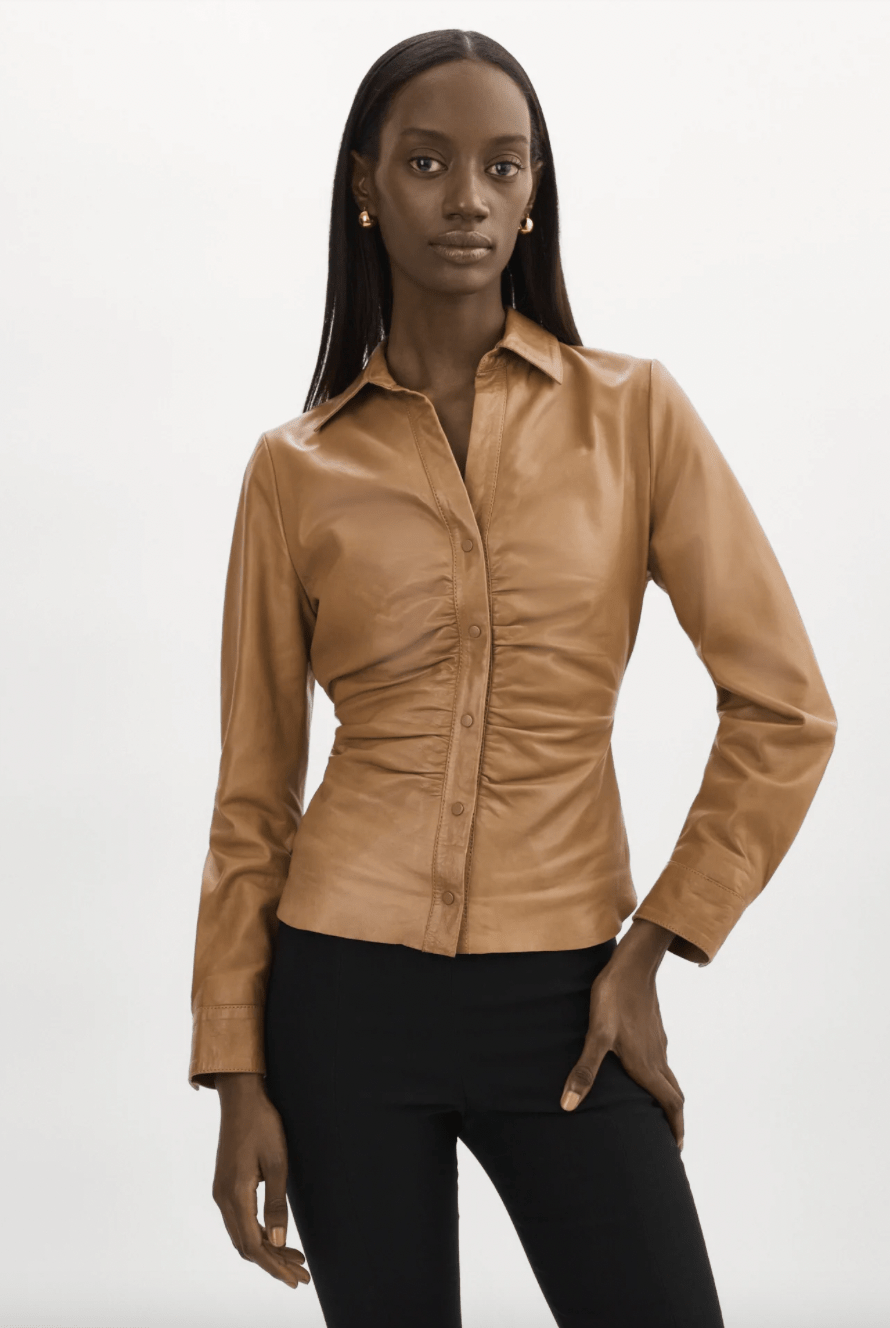 Lamarque Huda Ruched Leather Shirt in Sesame - Estilo Boutique