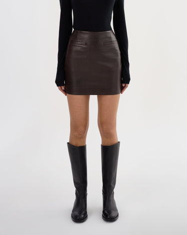 Lamarque Rowan Leather Mini Skirt in Dark Brown
