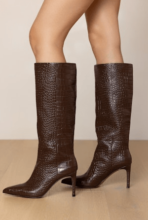 Lana Wilkinson Huw Knee - High Boot Croc - Embossed Leather in Chocolate