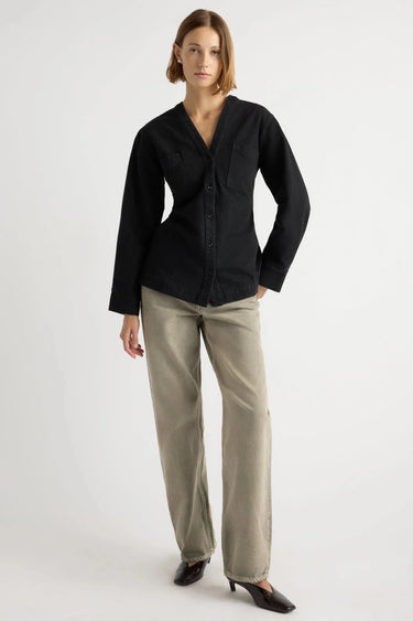 Modern Citizen Emmett Cinch Waist Denim Jacket in Washed Black
