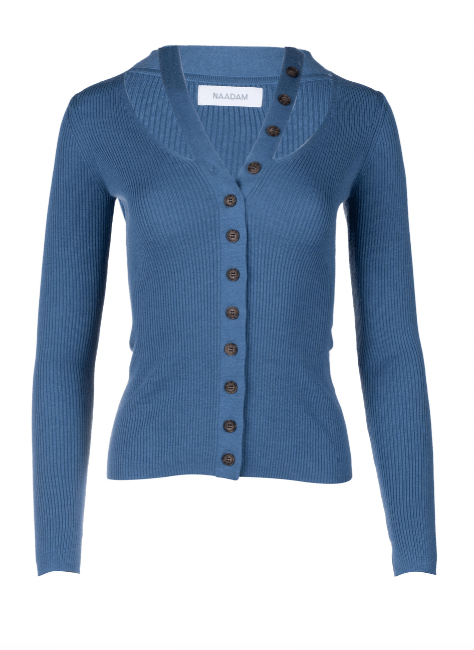 Naadam Ribbed Fitted Cut Out Cardigan in French Blue - Estilo Boutique
