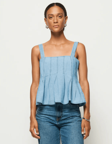 Nation Dove Pleated Tank Top in Faded Blue Chambray - Estilo Boutique