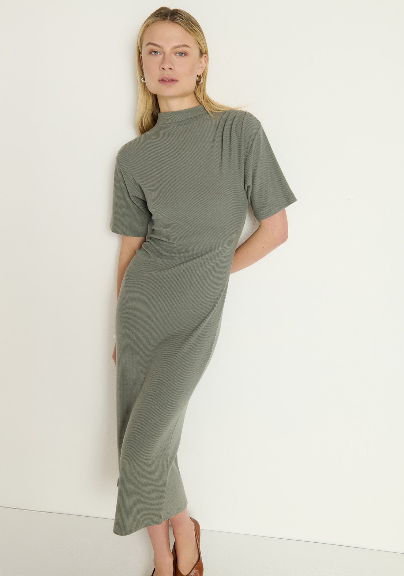 grey mock neck dress Silk Viscose Knit Mock Neck Dress
