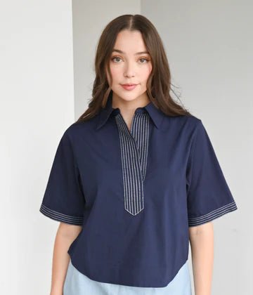 Never a Wallflower Split Neck Top in Navy - Estilo Boutique