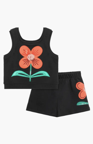 Peek Kids Flower Appliqué Cotton Tank & Shorts Set in Black - Estilo Boutique