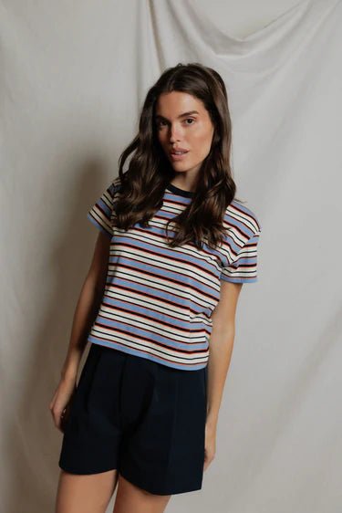 Perfect White Tee Dawn Ringer Tee in Pacific Clementine Stripe