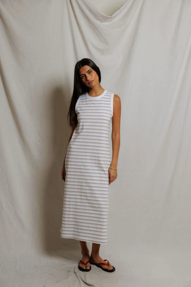 Perfect White Tee Lanell Dress in Driftwood Stripe